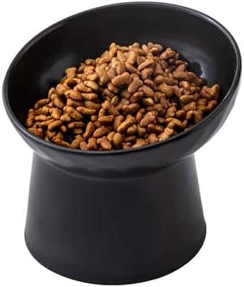 Ceramic Raised Cat Bowls - Elevated Tilted Cat Food and Water Bowls, Anti Vomiting and Protect Pets' Spines Pet Feeding Dish for Cats, Dishwasher Microwave Safe (1 x Bowl - Black) by Welloyed