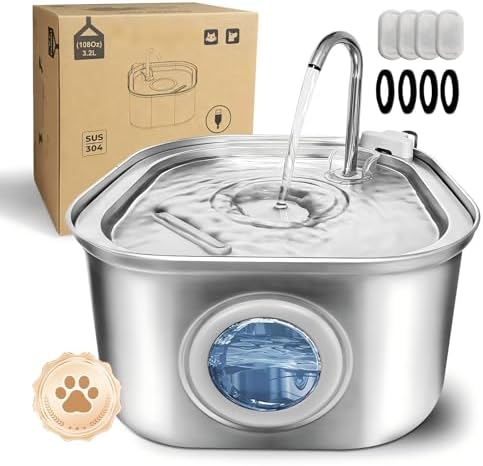Cat Water Fountain.Stainless Steel Pet Water Dispenser Bowl: 108oz/3.2L.Quiet Pet Water Bowl Dispenser.with Ultra Quiet Pump and Faucet Water Level Window（with 4 Filters and Sponge） by Unknown