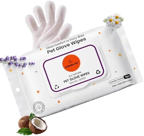 Aurora Pet Glove Wipes for Dogs & Cats, Wearable No-Rinse Grooming Glove Wipes for Paws, Face, Ears & Body, Hypoallergenic Disposable Pet Cleaning Wipes, Lavender Scented, 12 Count by AuroraPet%C2%AE