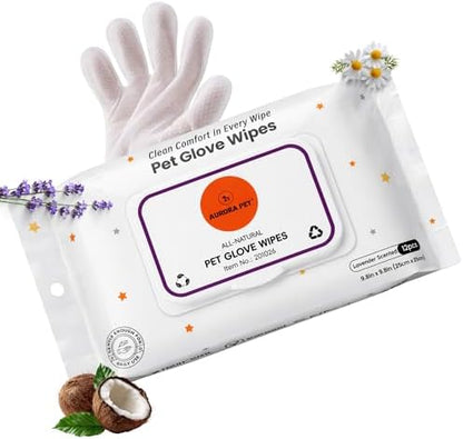 Aurora Pet Glove Wipes for Dogs & Cats, Wearable No-Rinse Grooming Glove Wipes for Paws, Face, Ears & Body, Hypoallergenic Disposable Pet Cleaning Wipes, Lavender Scented, 12 Count by AuroraPet%C2%AE