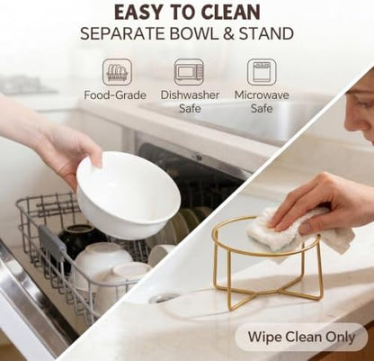 White Large Ceramic Tilted Elevated Cat Dog Bowl Raised Cat Food Water Bowl Dish Pet Comfort Feeding Bowls with Gold Iron Stand - Image 6