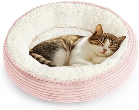 Love's cabin Round Donut Cat and Dog Cushion Bed, 20in Pet Bed for Cats or Small Dogs, Anti-Slip & Water-Resistant Bottom, Super Soft Durable Fabric Pet beds, Washable Luxury Cat Dog Bed Pink Stripe by Lovescabin