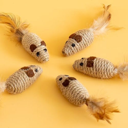 3 Pack Cat Mouse Toys with Feather Tail Rattling Noise Sound Natural Sisal Cat Toys Teeth Cleaning Dental Chew Toys Interactive Cat Mice Toy Mice Cat Toys for Indoor Cats Kittens Puppies - Image 3