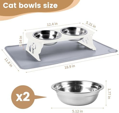 Elevated Cat Bowls with Food Mat,10° Tilted Anti-Vomiting Raised Cat Food Bowl for Small Cats and Puppies, Foldable 2 Stainless Steel Pet Bowl with Stand-Milky White - Image 6