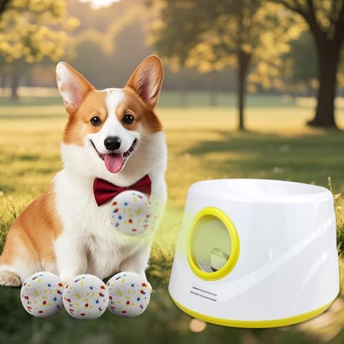 MEKAPLE Automatic Dog Ball Launcher, Upgraded Interactive Dogs Balls Thrower for Small and Medium Dogs, Distance Adjustable Mental Stimulating Dog Toys with 4 Durable Etpu Balls 2.2 Inch (Yellow) by Unknown
