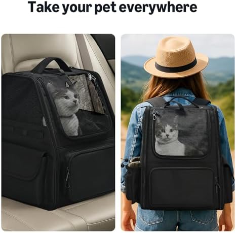 Amazon Basics Pet Backpack for Cats & Small Dogs, Collapsible Travel Carrier with Ventilated Mesh, Removable Pad, and Safety Leash, Black - Image 4