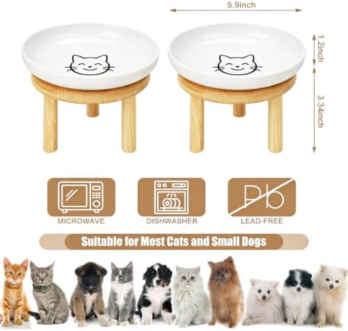 Elevated Cat Bowls with Bamboo Stand, Ceramic Raised Cat Bowl Set of 2, 5.9 Inch Whisker Friendly Anti Vomiting Cat Food Bowls for Dry and Wet Food - Image 2