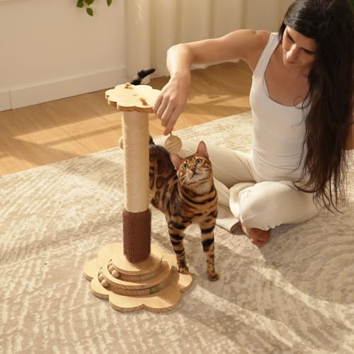 Cat Sisal Scratching Post, 4 in 1 Wooden Cat Scratcher Toy with Groomer, 24" Tall Scratch Post with 2-Layer Interactive Track Balls, Cat Climbing Tree with 2 Hanging Balls for Kittens - Image 5