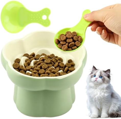 Raised Slow Feeder Cat Bowl, 5.71 Inch Ceramic Elevated and Tilted Cat Food Bowl with 2 Scoops, Flower Shaped Cute Cat Dish for Dry and Wet Food (Green) - Image 6