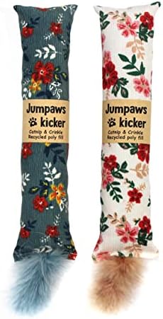 Jumpaws 2 Pack Natural Interactive Catnip & Silvervine Cat Kicker with Feathers, Bite Resistant Chew Toy, Crinkle Kicker, Accessories for Indoor Cat, Premium Corduroy Floral by Jumpaws