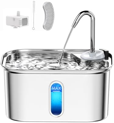 Cat Water Fountain Stainless Steel for Cats Indoor 2.5L 85oz by BPA-Free SUS304, Effective 6-Layer Filter Cat Fountain for Drinking 20dB Ultra Quiet Metal Pet Water Fountain (Fountain+1 Filter) by Petlipo