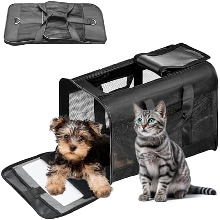 FluffyDream Pet Travel Carrier Soft Sided Portable Bag for Cats, Small Dogs, Kittens or Puppies, Collapsible, Durable, Airline Approved, Travel Friendly (Grey, 17.0" L x 10.0" W x 11.0" H) (Black) by FluffyDream
