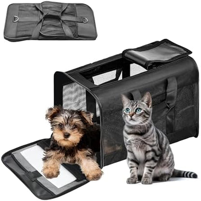 FluffyDream Pet Travel Carrier Soft Sided Portable Bag for Cats, Small Dogs, Kittens or Puppies, Collapsible, Durable, Airline Approved, Travel Friendly (Grey, 17.0" L x 10.0" W x 11.0" H) (Black) by FluffyDream