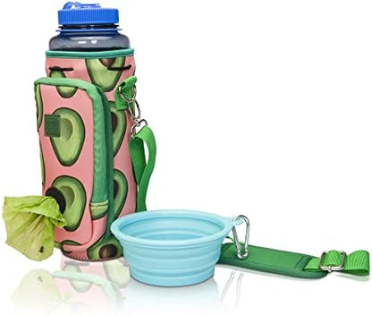 Made Easy Kit Water Bottle Carrier with Pocket for Dog Poop Waste Bags and Adjustable Padded Shoulder Strap (Tall & Large (40oz) with Bowl, Green/Pink, Avocado) by MadeEasyKit