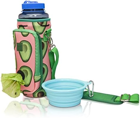 Made Easy Kit Water Bottle Carrier with Pocket for Dog Poop Waste Bags and Adjustable Padded Shoulder Strap (Tall & Large (40oz) with Bowl, Green/Pink, Avocado) by MadeEasyKit