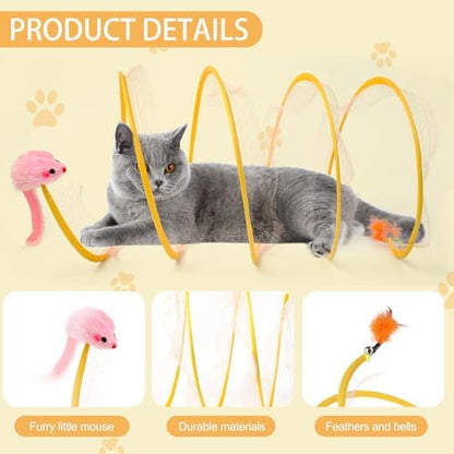 2-Pack Large Cat Tunnel Beds - Indoor & Outdoor,Kitten Collapsible Spring Tunnel Toy with Feather and Bell,Interactive Spring Toys for Cats & Kittens（Yellow） - Image 3