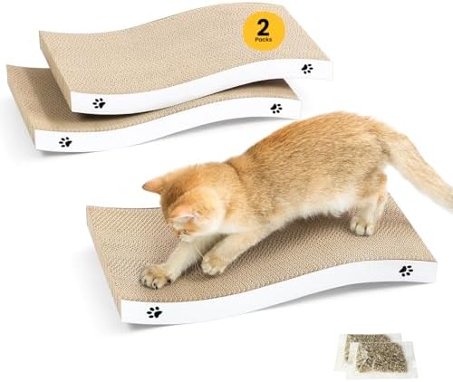 Cat Scratcher, Durable Scratch Pad, Corrugated Cardboard Scratching Board for Indoor Cats, Heavy Duty, Double-Sided Usability, Recyclable, with Catnip, Medium, 2 Packs by Conlun