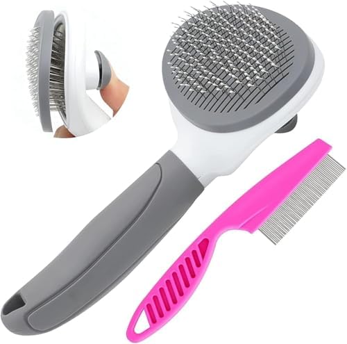 Cat Brushes for Indoor Cats, Dog Brush for Shedding with Metal Cat Comb, Self Cleaning Pet Hair Brush with Release Button for Grooming Kitten(Dark Grey) by Unknown