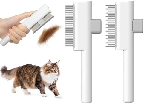 Marchul 2 Pack Self-Cleaning Pet Grooming Comb Set, Cat & Dog Flea Brush with One-Click Release Button, Stainless Steel Round Teeth Comb for Removing Tangles, Loose Fur and Shed Hair, White by Marchul