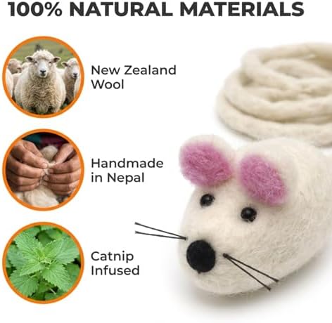Glaciart One Mini Felt Mouse Cat Toy – Kitten & Small Cat Size, Natural Wool Catnip Toy, Soft Fuzzy Interactive Play Toy for Indoor Kittens, Safe Non-AZO Dyes, 1.4” Body with 12” Tail - Image 4