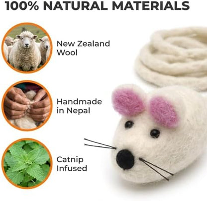 Glaciart One Mini Felt Mouse Cat Toy – Kitten & Small Cat Size, Natural Wool Catnip Toy, Soft Fuzzy Interactive Play Toy for Indoor Kittens, Safe Non-AZO Dyes, 1.4” Body with 12” Tail - Image 4