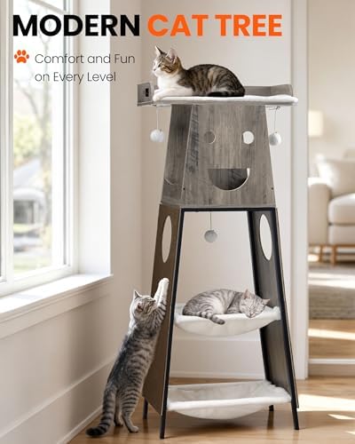 56in Modern Wood Cat Tree Tower for Indoor Cats with Hammock - Image 4