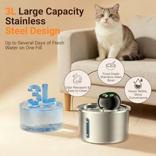 Cordless Cat Water Fountain, 3L Stainless Steel Quiet Pet Water Fountain - Image 7