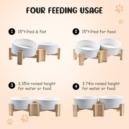 SPUNKYJUNKY 15° Slanted Ceramic Dog and Cat Bowl with Wooden Stand, Tilted Bulldog Food and Water Bowl No Slip Non-Spill for Cats Medium Dogs Big Face Pets 13.5 OZ (1.7 Cups, White × 2) - Image 3