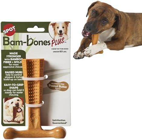 SPOT Bam-Bones Plus T Bone - Bamboo Fiber & Nylon, Durable Long Lasting Dog Chew for Aggressive Chewers – Toy for Dogs & Puppies Under 60lbs, Non-Splintering, 6in, Allergen Free Peanut Butter Flavor by SPOT
