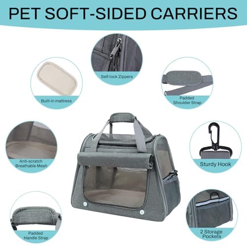 Airline Approved Soft-Sided Pet Carrier for Cats & Small Dogs - Ventilated Travel Bag with Removable Mat, Under 15 lbs, Grey - Image 5