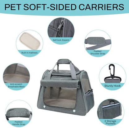Airline Approved Soft-Sided Pet Carrier for Cats & Small Dogs - Ventilated Travel Bag with Removable Mat, Under 15 lbs, Grey - Image 5