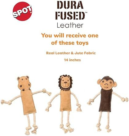 SPOT Dura-Fused Leather Jungle Animals - Dog Toy with Squeakers and Rope Limbs, Real Leather and Jute Chew Toy, Durable No-Stuffing Toy for Light to Moderate Chewers - 14in, Assorted Styles, 1 Piece - Image 2
