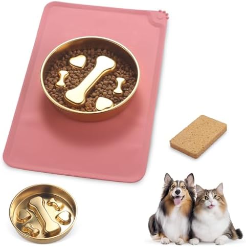 Golden Stainless Steel Slow Feeder Dog Bowls – Non-Slip Metal Dog Bowl for Large & Medium Breeds, Puppy Puzzle Feeder – 2 Cup for Small to Big Pets – Durable Slow Feed Dog & Cat Food Dish with Mat by Unknown