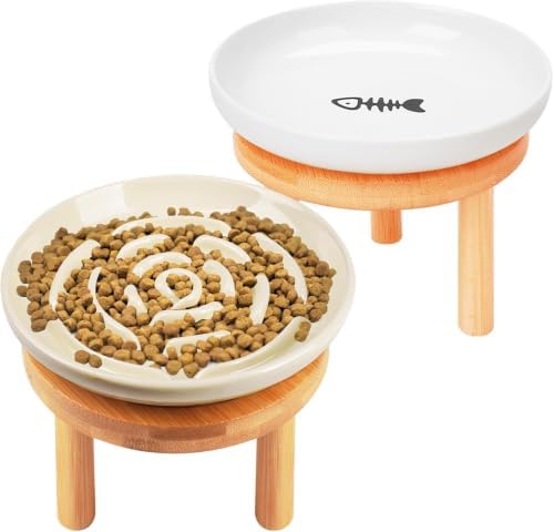 Shallow Elevated Cat Bowls with Bamboo Stand, 5.9 Inch Raised Slow Feeder Cat Bowl and Wide Ceramic Cats Bowls Whisker Friendly, 2 Pack Pet Dishes for Dry and Wet Food Dishwasher Safe by Lfpkixise