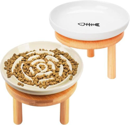 Shallow Elevated Cat Bowls with Bamboo Stand, 5.9 Inch Raised Slow Feeder Cat Bowl and Wide Ceramic Cats Bowls Whisker Friendly, 2 Pack Pet Dishes for Dry and Wet Food Dishwasher Safe by Lfpkixise