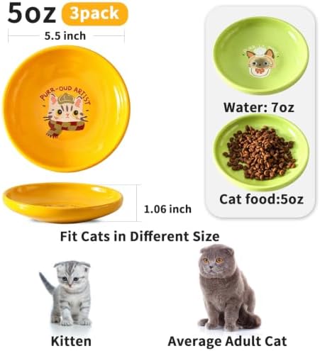 3 PCS Ceramic Cat Bowls, 5.5 in Pet Bowl Cat Dishes for Food and Water, Small Dog Dish(YellowGreenBlue) - Image 2