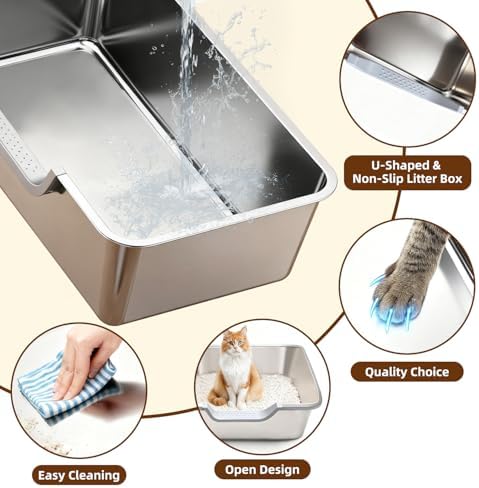 Stainless Steel Cat Litter Box, Steel Litter Pan with Curved Low Entry, Leak Proof 6 Inch High Side for Urine, Easy Entry for Kittens Older Cats, No Slip, 23.6" x 15.7" x 7.9", Silver - Image 4