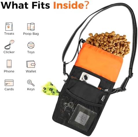 Aosbos Dog Treat Pouch with Built-in Poop Bag Dispenser & Easy-Clean Liner - Dog Training Treat Bag with Reflective Strap & Belt Clip, Black Orange - Image 4