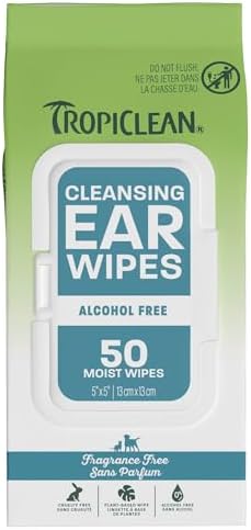 TropiClean Dog Ear Wipes, Dog Ear Cleaner, Soothing Itch Relief, Gently Removes Wax and Debris, Odor Eliminating, Safe for Daily Use, Cat Safe, 50ct. by TropiClean