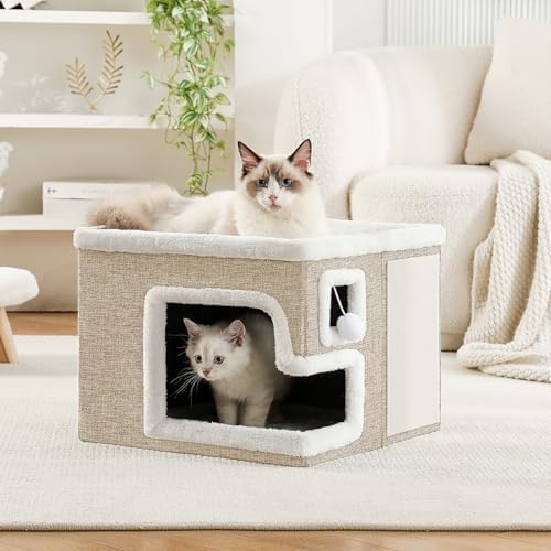 Cat Houses for Indoor Cats, Covered Cat Cave Bed with Scratch Pad and Fluffy Ball, Foldable Cat Hideaway Condo for Large Cats, Modern Kitten Bed,16.5x16.5x13 inches (Khaki‌, L) - Image 5
