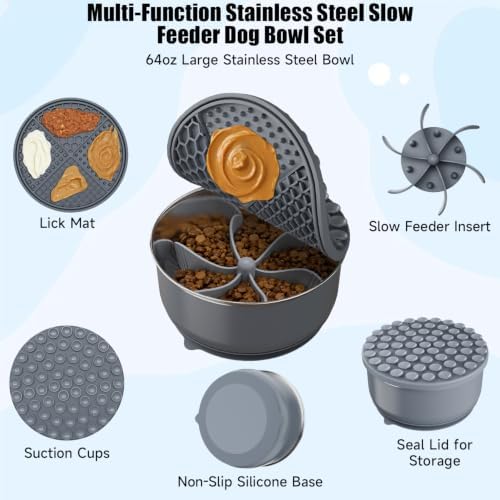 3-in-1 Stainless Steel Slow Feeder Dog Bowl with Lick Mat Storage Lid - Image 2