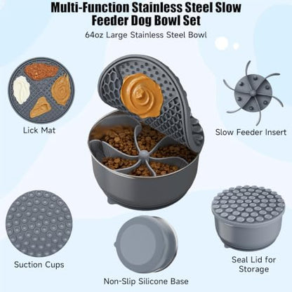 3-in-1 Stainless Steel Slow Feeder Dog Bowl with Lick Mat Storage Lid - Image 2