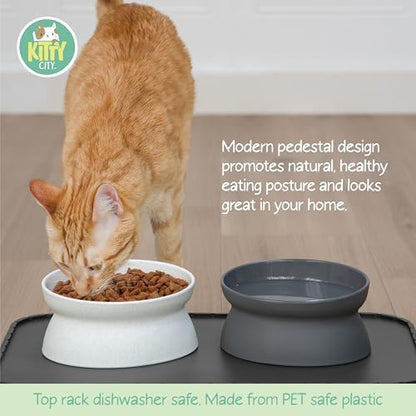 Kitty City Elevated Cat Bowls (Set of 2), Whisker-Friendly Raised Cat Food & Water Dishes, Modern Pedestal Design, Dishwasher Safe, 10.8 oz Each – White & Gray - Image 2