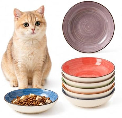 Colorful Ceramic Cat Bowls Set, 6 Pack Whisker-Friendly Cat Dishes for Food and Water, 5.7" Wide and Shallow Plates for Dry Wet Food, Ideal for Multi-Pet Homes, Microwave & Dishwasher Safe by PTOBER
