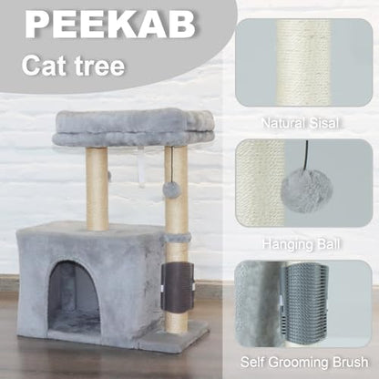 PEEKAB Small Cat Tree Tower,Scratching Post with Condo and Perch for Indoor Cats and Kittens,with Dangling Ball Massage Brush,Grey - Image 3