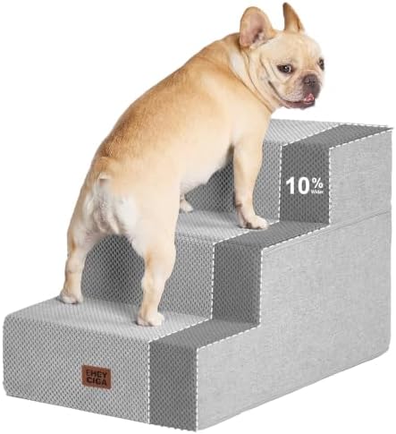 EHEYCIGA Dog Stairs 13.5" H, 3-Step Extra Wide Dog Steps, Light Grey by EHEYCIGA