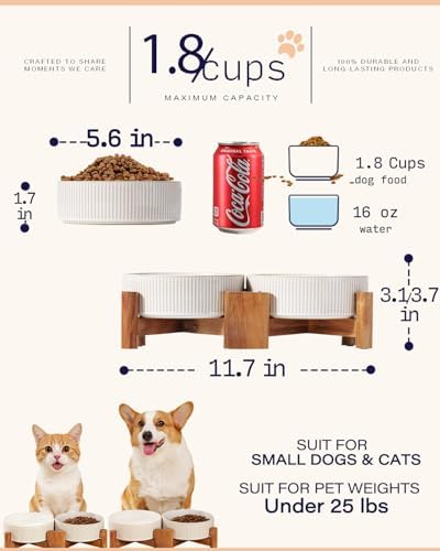 Getstar Elevated Ceramic Dog Cat Bowl Set - 1.8-Cup Raised Feeding Bowls with Non-Slip Wood Stand - Small Pet Dishes for Food and Water - Ideal for Cats and Puppies - Image 2