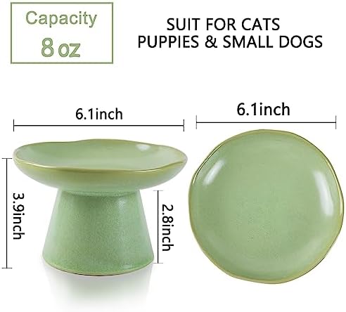 Wide Shallow 6.1" Raised Cat Bowls, Ceramic Elevated Food Bowl for Flat Faced Cats and Small Dogs, Porcelain Feeder Bowl, Stress Free, Protect Cat’s Spine, Green - Image 2