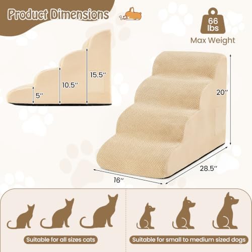 Giantex Dog Ramp Stairs for Bed, 4 Tiers Foam Pet Steps for Small Dogs Puppy Cats Older, Washable Cover, High Density Foam, Non-Slip Stairs for Dogs to Get on Bed Sofa (Beige, 4 Steps) - Image 7