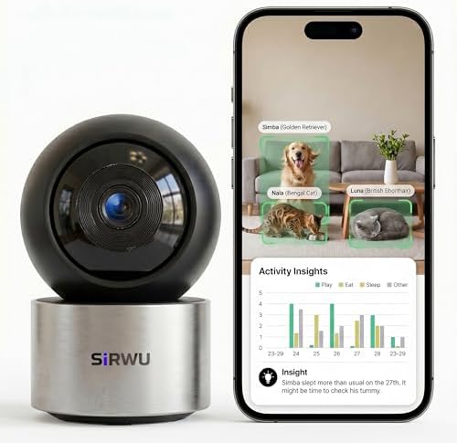 AI Pet Camera Indoor, Multi-Pet Recognition for Up to 6 Pets, 2K 3MP Dog & Cat Camera with 360° Auto Tracking, AI Daily Summaries, Night Vision, 2-Way Audio, 2.4/5GHz WiFi by Sirwu
